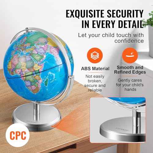 VEVOR Illuminated World Globe with Stand, 9 in/228.6 mm, Educational Earth Globe with Stable Heavy Metal Base and LED Constellation Night Light HD Printed Map, Spinning for Kids Classroom Learning