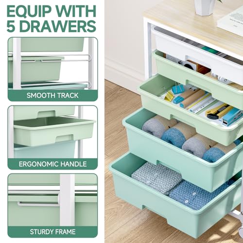SYKIARIOL Light Green 5-Drawer Rolling Storage Cart with Wooden Top