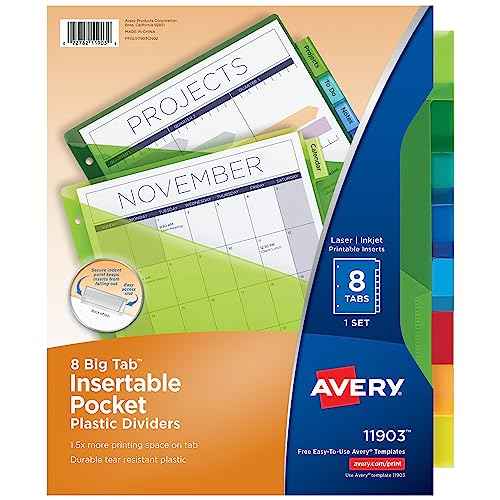 Avery Insertable Plastic Dividers for 3 Ring Binders, 8 Tabs per Set, Big Tabs, Two Pockets, Multicolor Binder Dividers, Works with Sheet Protectors (11903)