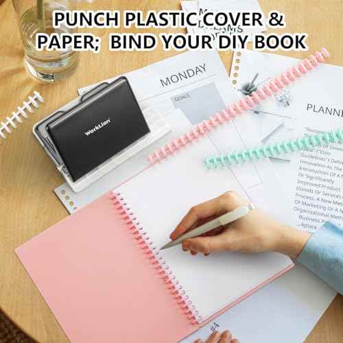 Binding Machine for Planner£º WORKLION Metal 10 Hole Punch&Multi Color 30 Hole Loose Leaf Binder Rings(10 pcs) for Making 26 Holes on B5 Paper, 30 Holes on A4, 20 Holes on A5 Book, Black