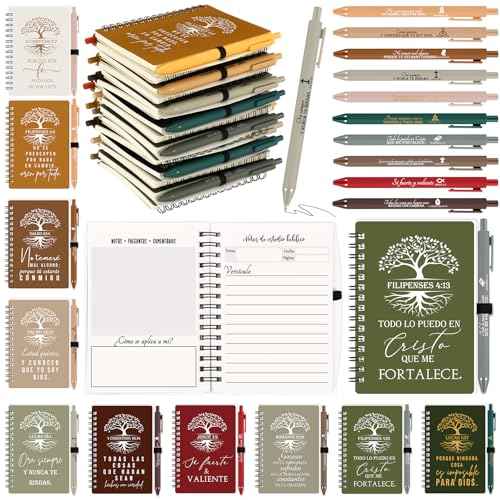 Kosiz 60 Pcs Spanish Christian Spiral Notebooks with Ballpoint Pens Tree Life Bible Verse A6 Journal Religious Inspirational Gift Grandparent Day Gift Set Church Pastor(Special Style,Retro Color)