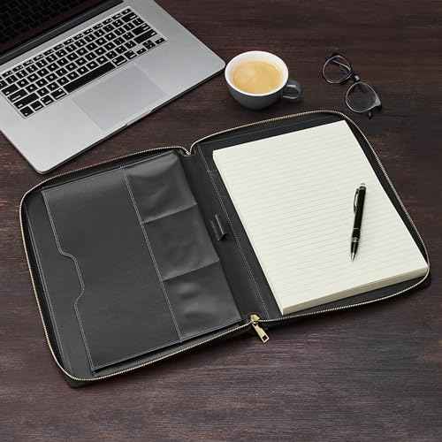 Gallaway Leather Genuine Leather Zippered Portfolio Organizer, Executive Business Binder Padfolio for Men and Women, Holder for Notebook Planner,Resume,Documents,Cards and iPad (Black)