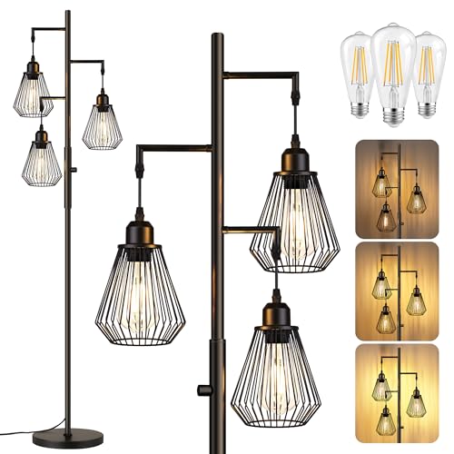 QiMH Industrial Floor Lamps for Living Room, Tree Standing Lamp with Stepless Dimmable, 68" Modern Tall Stand up Lamps for Bedroom Study Office, E26 Socket, 3 LED Bulb Included, Black