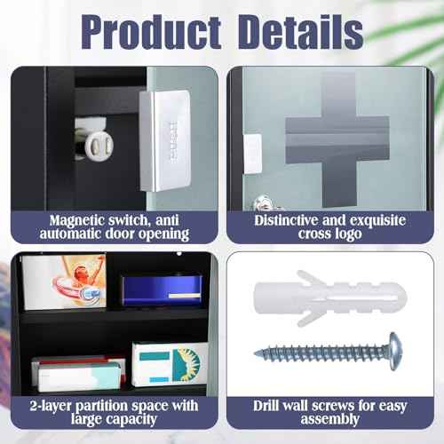 Timgle First Aid Wall Cabinet with Lock Medicine Wall Mounted Bathroom Storage Hanging Medical Cabinet with Safety Glass Door for Bathroom(3 Shelves,Black)