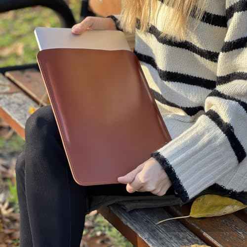 Genuine Leather Sleeve Leather Sleeve Case for All 14 Inch MacBook 14 Pro 2021-2023 M1 M2 M3 Pro/ M3 Max A2442 A2779 Laptop Case Soft Handmade for Mac 14 Carrying Bag (Vertical, Cognac)