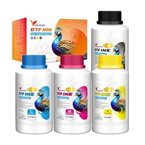 No Sediment DTF Ink 1000ML, DTF Transfer Ink for PET Film, Pigment Ink Refill for P600 P800 DX5 XP600 4720 i3200 i1600 5113. High Fluidity, Whiteness & Coverage (250ml x 4, CMYK)