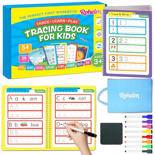 Rohelm Preschool Learning Activities Book - 54 Reusable Pages for Kids 3-5, Includes Markers & Storage