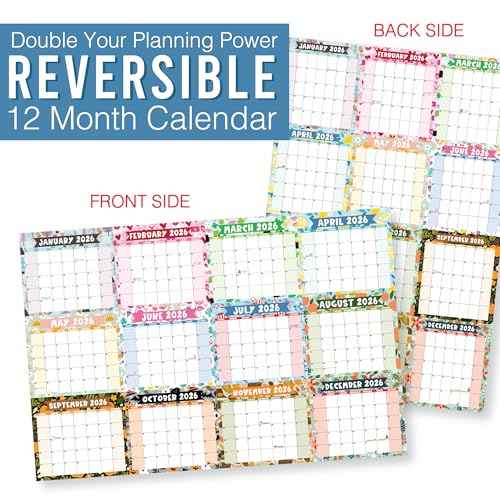 Hadley Designs Yearly Wall Calendar 2026 Large - 12 Month Dry Erase Calendar for Wall, Double-Sided, Reversible, Erasable, Reusable, Full Year Long Annual Planner - Doodle Colorful