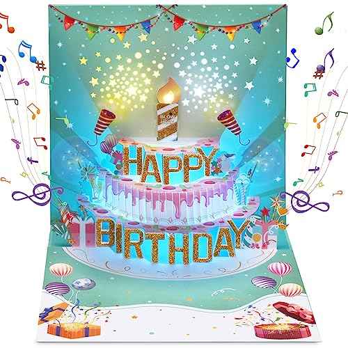 Musical Birthday Cards, 3D Pop Up LIGHT Blowable Cake Happy Birthday Cards with Music and Cheers Sound, Funny Popup Greeting Card Birthday Gifts for Kids, Women, Men, Daughter, Mom