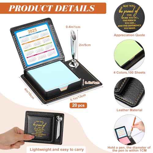 Tenceur 20 Pcs Christmas Appreciation Sticky Note Holder Gifts Bulk, Inspirational Thank You Sticky Note Holder, PU Leather Memo Box with Calendar for Women Men Emoloyee Coworkers Office Team