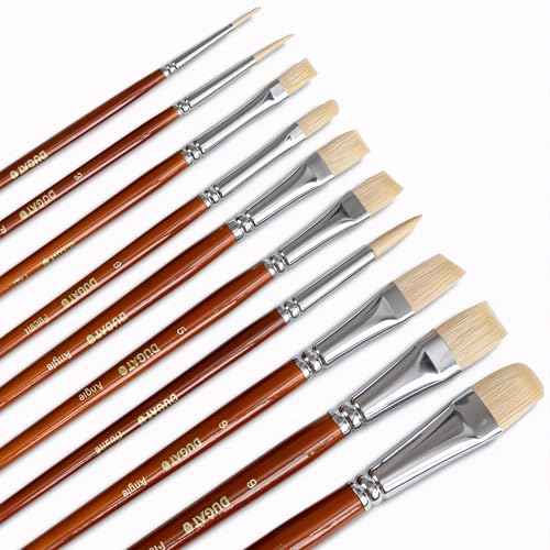 10pcs Short Handle White Hog Hair Artist Paint Brush Set by DUGATO Perfect for Acrylic Oil Gouache Watercolor, Painting Brushes Kit for Kids, Adults Fabulous for Canvas & Fabric