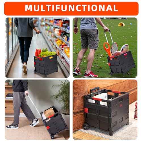JJRING Folding Rolling Crate, Portable Utility Cart, Collapsible Handcart Shopping Trolley, Rolling Crate with Wheels for Teacher, Grocery, Office and Luggage