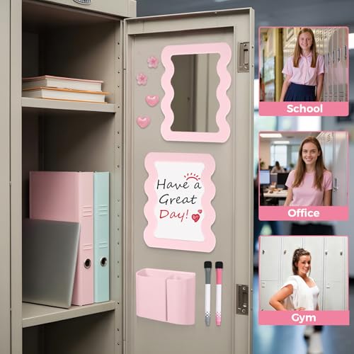 SKYDUE 10-Piece Locker Accessories Kit for Girls - Pink Organizer Set with Mirror, Whiteboard & Stickers