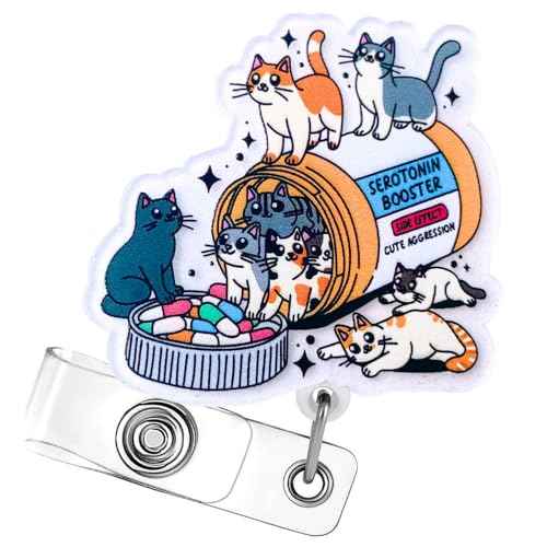 Cat Badge Reel Funny Nurse Cats Mom Lovers Retractable Clip Holder Happy Pills Booster Cute Nursing Vet Tech Technician Veterinary Pharmacy Mental Health RN Medical Worker Office Accessories Gifts