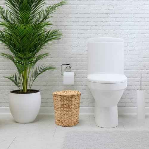 Wicker Waste Basket with Lid and Liner, Handwoven Water Hyacinth Wicker Trash Can, Large Waste Paper Bucket Paper Scrap Bucket WasteBaskets for Bathroom, Bedroom, Kitchen, Office Garbage Can