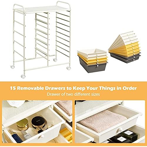 HAPPYGRILL 15-Drawer Rolling Cart, Storage Carts with Removable Drawers & Steel Frame, Utility Cart on Lockable Wheels for Home, School, Office, Yellow