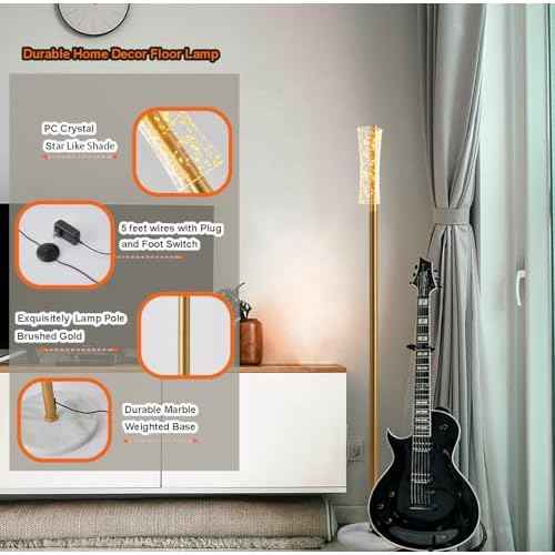 Fiqevs Crystal Floor Lamp, Modern Cylinder Standing Lamp with Crystal Lampshade, Cute LED Floor Light with 3000K Warm Lights, Gold Corner Tall Lamp for Living Room, Bedroom, Girls Room, Office