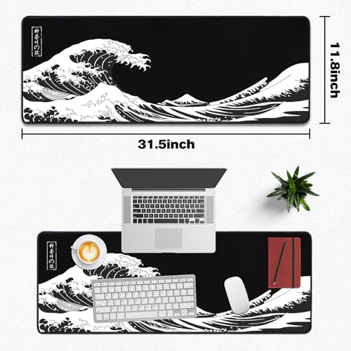 Kanagawa Japan Large Gaming Mouse Pad for Desk, Office & Home - Non-Slip, 31.5x11.8 Inches
