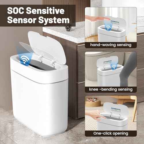 MOPALL Bathroom Trash Can with Lid, 3.5 Gallon Automatic Motion Sensor Garbage Can, Waterproof Touchless Smart Trash Can Small Waste Basket for Kitchen Bedroom Office