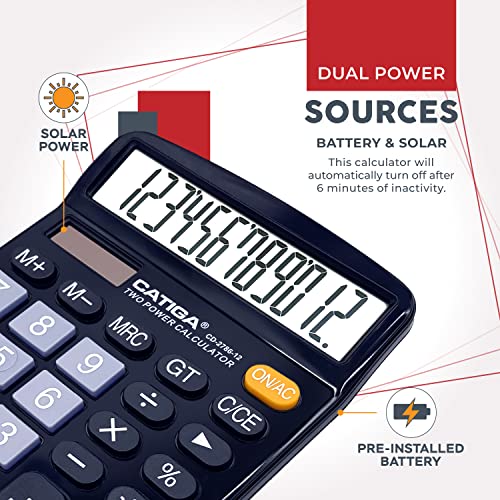 CATIGA Black 12-Digit Desktop Calculator with Large LCD & Big Buttons - Solar & Battery Powered