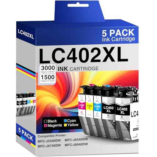 LC402XL Ink Cartridges Replacement for Brother LC402 XL Ink Cartridges for Brother MFC-J5340DW MFC-J6540DW MFC-J6940DW Printers, 5 Pack High Yield(2 Black, 1 Cyan, 1 Magenta, 1 Yellow)