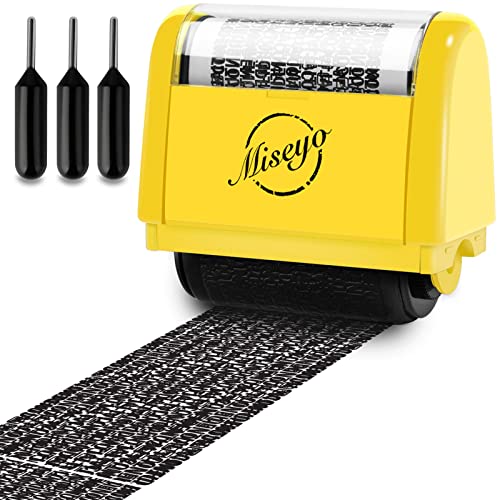 Miseyo Wide Identity Theft Protection Roller Stamp Set - Yellow with 3 Refill Inks