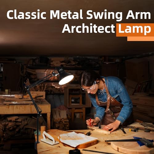 Hypool 2 Pack Desk Lamp w/A19 E26 LED Bulb for Home Office Eye-Caring Metal Extra Tall Swing Arm High Intensity Clamp Flexible Gooseneck Side Table Working Reading Computer Workbench 3000K Warm Light