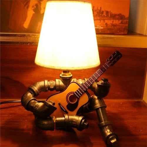 Steampunk Music Guitar Table Lamp,Retro Robot Table Lamps,Cool Guitar Stuff Gifts for Men Music Lovers Guitar Players,Industrial Water Pipe Lamp with Bulb and Shade