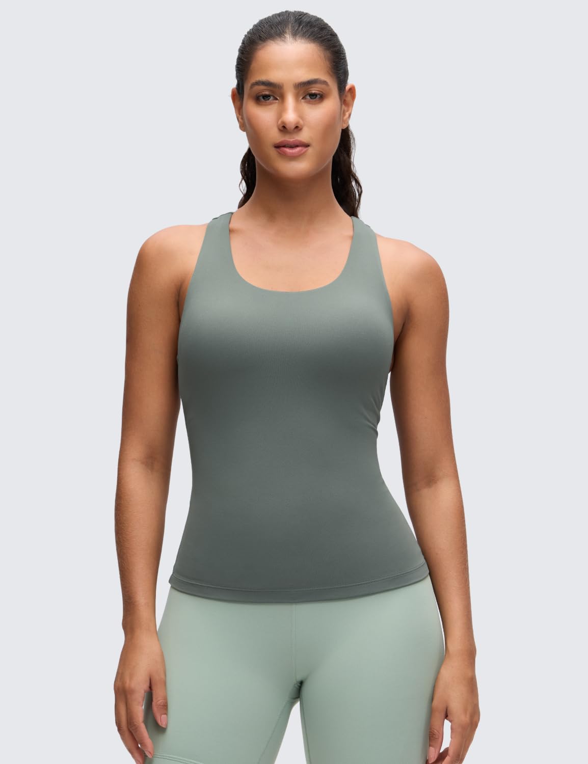 CRZ YOGA Butterluxe Workout Racerback Tank Tops for Women - Padded Athletic Spandex Yoga Shirts with Built in Bra Grey Sage Large
