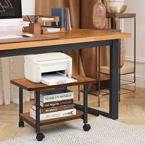 Under Desk Printer Stand - 2-Tier Industrial Mobile Printer Table with Storage Shelf, Heavy Duty Wood Rolling Printer Cart with Wheels for Home and Office,Rustic Brown