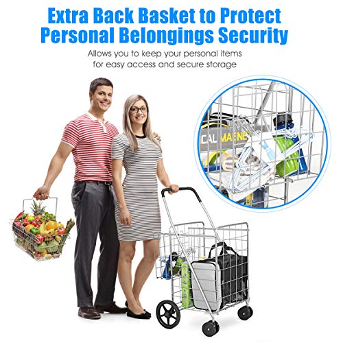 BETTARY Jumbo Folding Shopping Cart, Metal Grocery Cart on Wheels with Double Basket, Heavy Duty Utility Cart with 360¡Æ Swivel Wheels for Grocery, Laundry, Book, Luggage, Travel, Silver