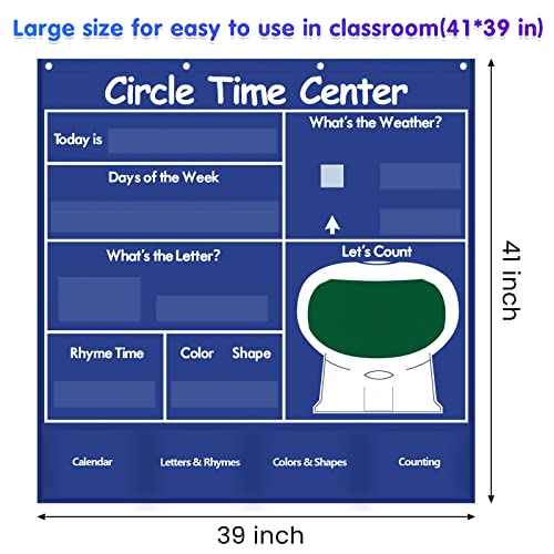 Auchq Circle Time Learning Center Pocket Chart, Heavy-Duty Kids Calendar for Classroom, Educational Pocket Chart Learning Calendar Weather Letter Counting Rhyme Color Shape (Blue)