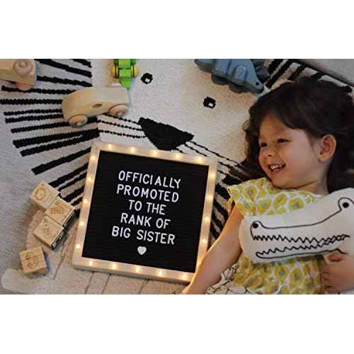 Letter Board The Original Black Felt Board with Stand, Built-in LED Lights 10 x 10 -Menu Board + Wood Frame, 340 Letters, Emojis + Cursive Words - Custom Sign Messages Pregnancy Announcement, Weddings