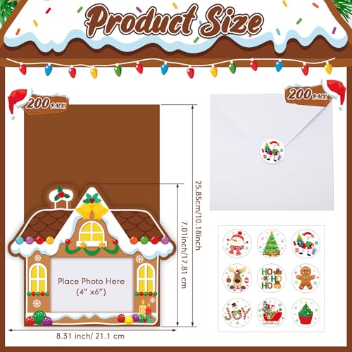 200 Sets Christmas Photo Cards with Envelopes Stickers Christmas Cards with 4 x 6 Photo Insert Picture Frame Holders for Xmas Holiday Greeting Supplies(Gingerbread House, White)
