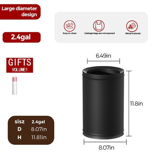 LEASYLIFE 9L/2.3GAL Metal Bathroom Trash Can, Black Garbage Can, Small Office Wastebasket, Double Bucket Body for Bedroom, Children's Room, Powder Room, Hotel, Bank (9L-Black)