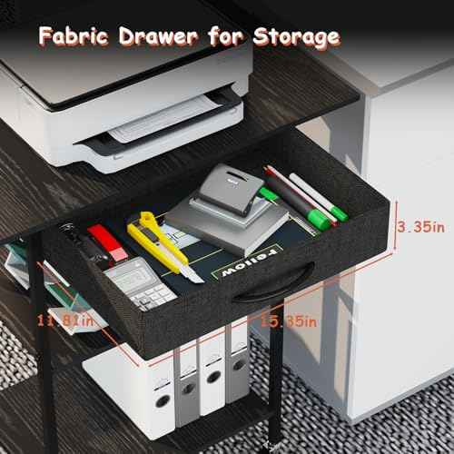 3-Tier Printer Stand, Printer Table with Fabric Drawer, Industrial Printer Storage Cart with Wheels, Rolling Printer Stand for Heat Press Scanner Fax, Black