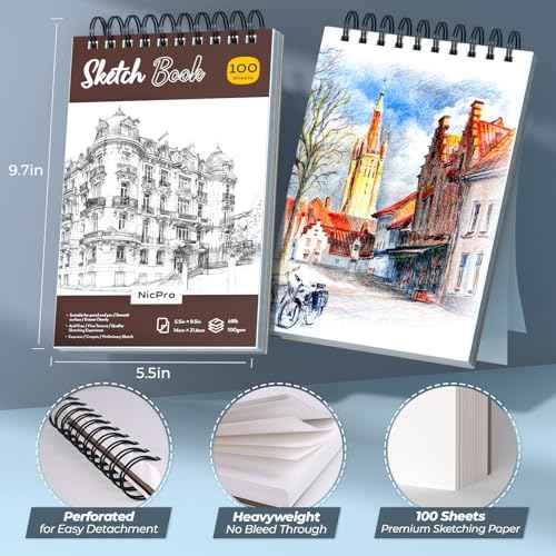 Nicpro 58 PCS Art Drawing Supplies Kit in Leather Case, Art Mechanical Pencil Set with 6 Metal Drafting Pencil 0.5 & 0.7 & 0.9 & 2mm, 12 Micron Pen, Sketch Book, 30 Tube Lead Refills for Sketching