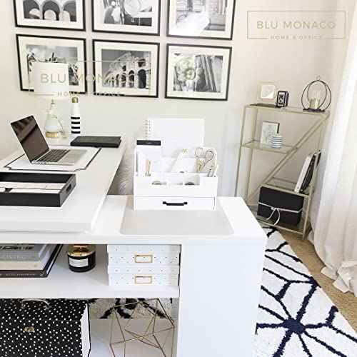 BLU MONACO White Wooden Desk Organizer with Drawer ? Office Desk Caddy for Supplies and Accessories ? Stylish Desktop Storage for Women