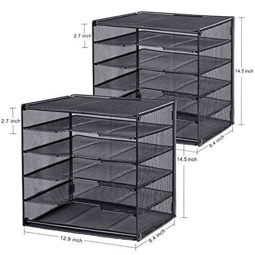 Samstar 2 Pack Paper Letter Tray, Mesh Desk File Organizer with 5 Tier Shelf and Sorter, Black