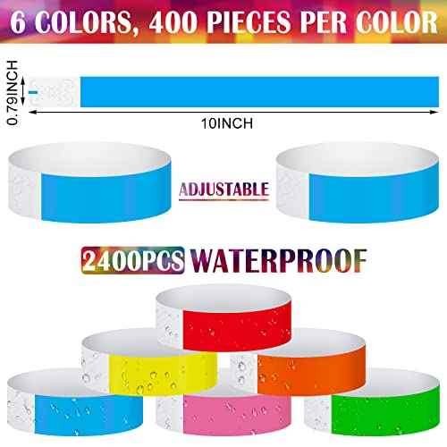 Tudomro 2400 Pack Neon Paper Wristbands Bulk - Waterproof, Lightweight, Adhesive - Concert, Events, Party for Hand Wrist Arm Identification(Multicolor)