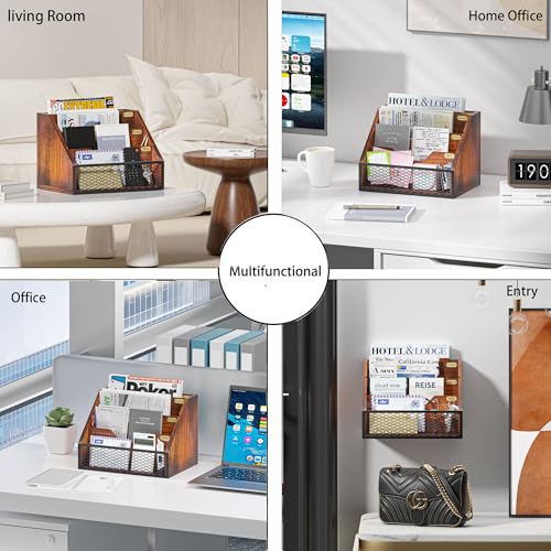 Yelinkws Brown Wooden 4-Slot Mail Organizer for Desktop & Wall