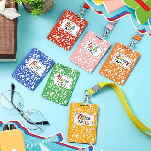 Sabary 6 Sets Composition Hall Passes Wooden Bathroom Pass Lanyards Notebook Style Unbreakable Classroom Passes Gift for Bathroom Office Library Nurse School Supplies(Colorful)