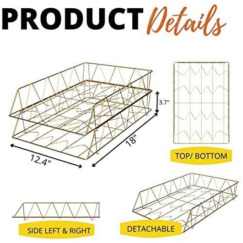 Performore 2 Pack of 11x17 Gold Stackable Wire Desk Trays, Paper Tray Organizer for Desk, Multifunctional File Document Holder and Storage for Office Desktop Organization and Accessories
