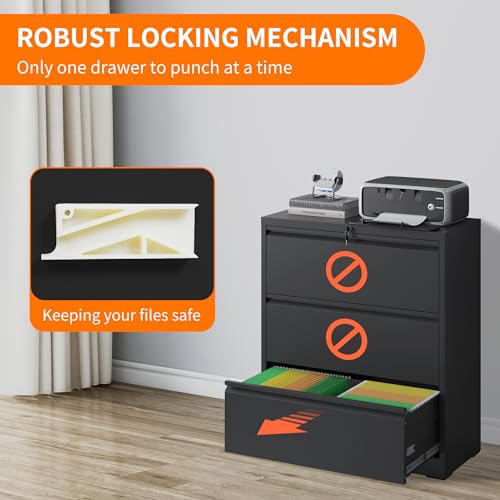 OPTYMIRA 3-Drawer Locking Lateral File Cabinet, Black, 40.4" H