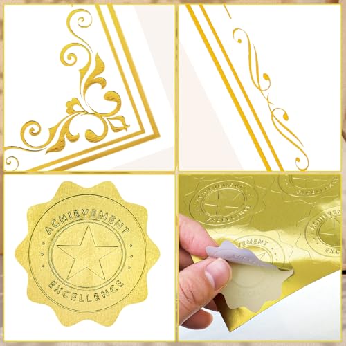 Prudiut 100 Sheets Certificate Paper with 100 Gold Seals – 8.5 x 11" Printable Awards, 180g 4.5cm Seal