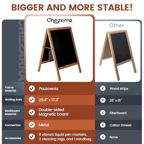 A Frame Chalkboard Sign, 40"x20" Extra Large Sidewalk Chalk Board, Wooden Standing ChalkBoards Set with Markers, Double-Sided Magnetic Blackboard for Caf?s, Weddings, Party Guide, Brown
