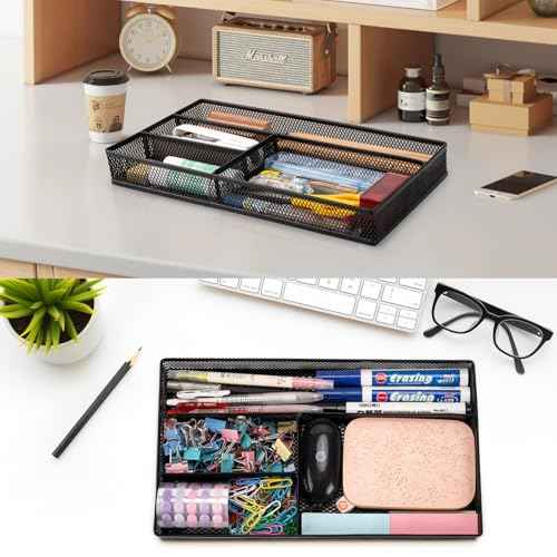 Desk Drawer Organizer Tray,Drawer Organizer for Office and Home,Desk Organizer with Drawers,4 Compartments,Non-Slip Desk Organizers and Accessories for Stationery Makeup School (Black)