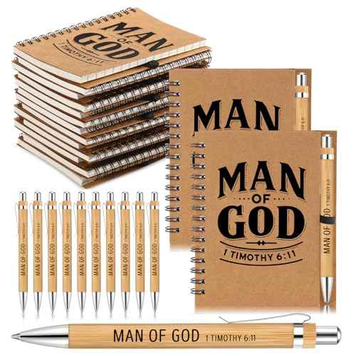 30 Sets Man of God Christian Gifts Bulk Man of God Notebook and Pen Set Bulk Christian Spiral Notebook Bible Verse Retractable Bamboo Pens for Men Dad Pastors Church Gift (Brown)