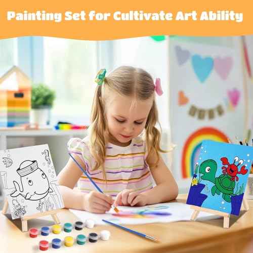 48 PCS Paint Set, 12 Easels, 12 Painting Sets, 12 Bags, 12 Small Aprons, Paint Party Favors Sets with Pre-Drawn Canvas and Wooden Easel Set, Paint Pots and Brushes for Daily Painting