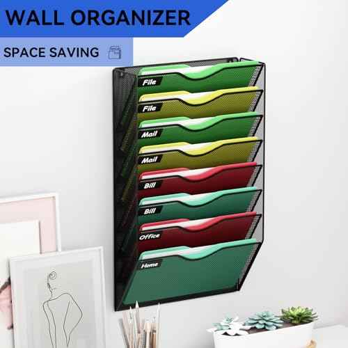 8 Pockets Mesh Hanging Wall File Holder Organizer Wall Mounted Paper Magazine Rack, Black